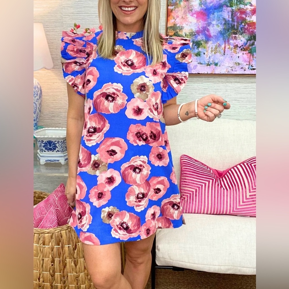 JODIFL Blue and Pink Floral Print Mini Dress